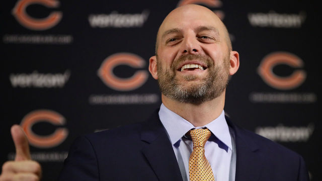 LAKE FOREST, IL - JANUARY 09: New Chicago Bears head coach Matt Nagy speaks to the media during an introductory press conference at Halas Hall on January 9, 2018 in Lake Forest, Illinois.