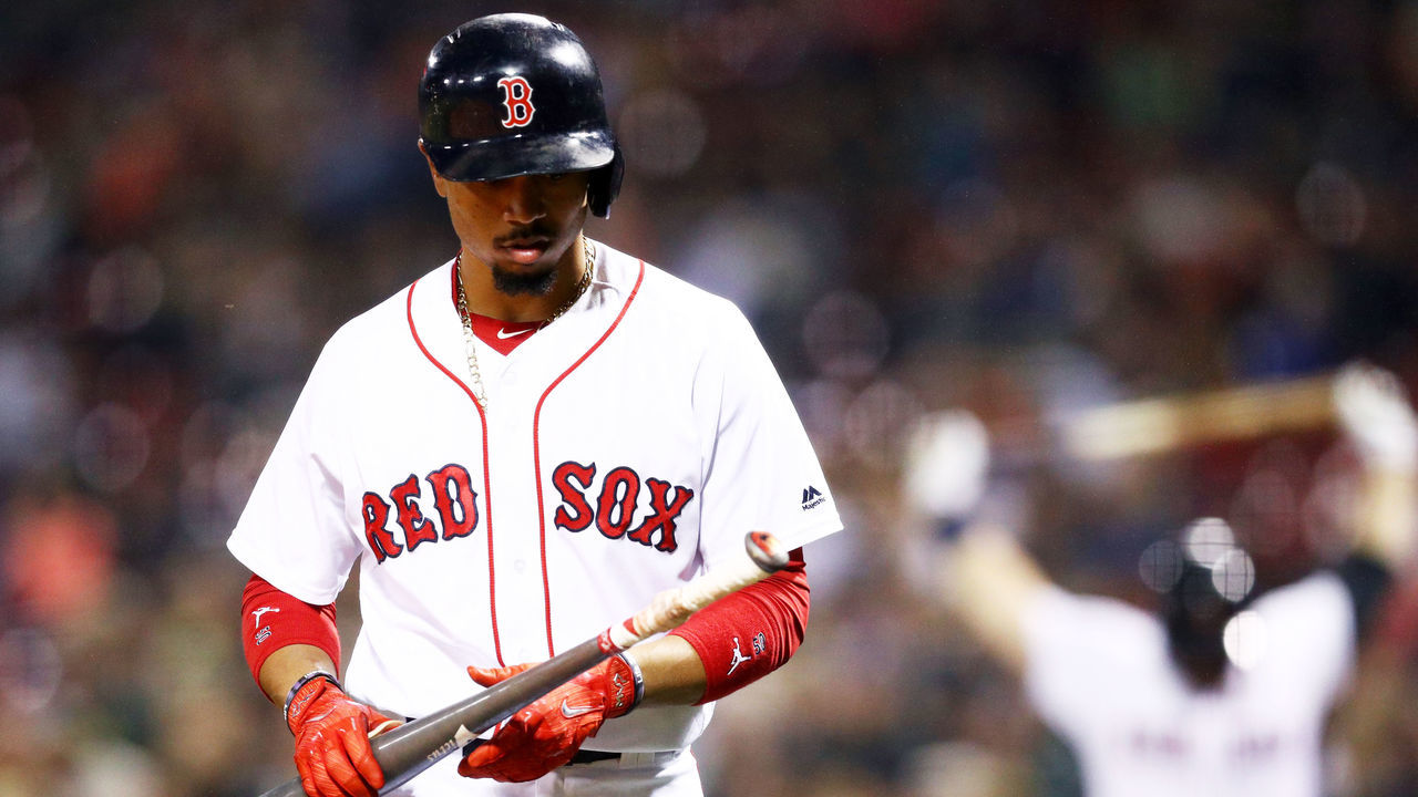 BOSTON, MA - SEPTEMBER 6: Mookie Betts #50 of the Boston Red Sox walks to the batters box during the first inning against the Toronto Blue Jays at Fenway Park on September 6, 2017 in Boston, Massachusetts.