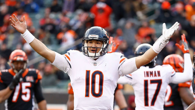 CINCINNATI, OH - DECEMBER 10: Mitchell Trubisky #10 of the Chicago Bears celebrates after a touchdown against the Cincinnati Bengals during the second half at Paul Brown Stadium on December 10, 2017 in Cincinnati, Ohio.