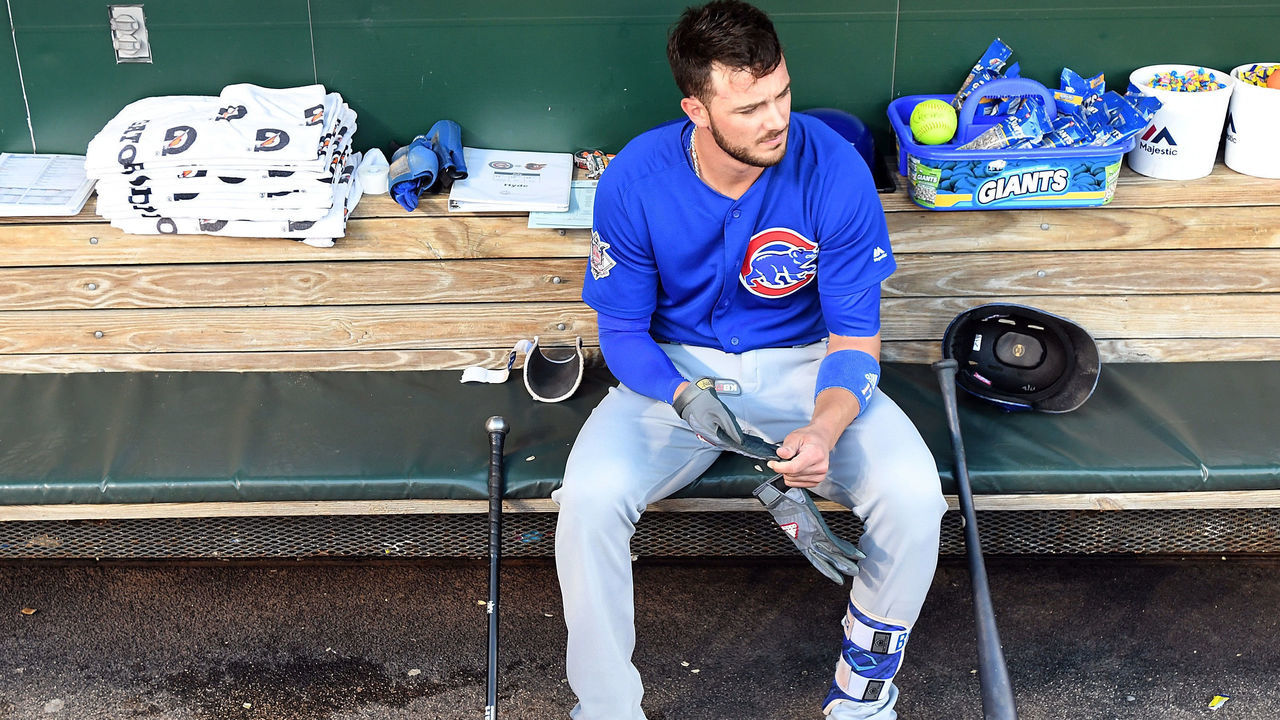 BALTIMORE, MD - JULY 15: Kris Bryant #17 of the Chicago Cubs sits in the dugout before the game against the Baltimore Orioles at Oriole Park at Camden Yards on July 15, 2017 in Baltimore, Maryland.
