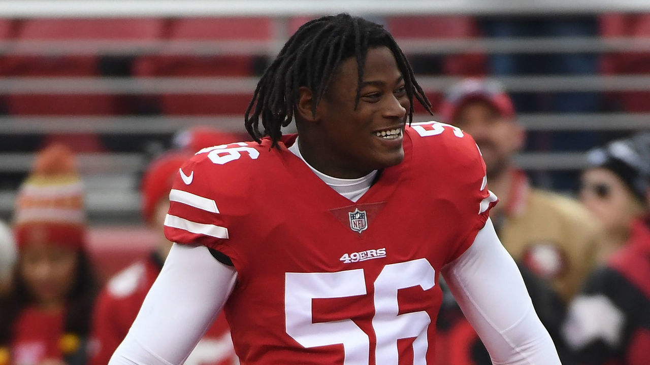 SANTA CLARA, CA - DECEMBER 24: Reuben Foster #56 of the San Francisco 49ers warms up prior to their game against the Jacksonville Jaguars at Levi's Stadium on December 24, 2017 in Santa Clara, California.