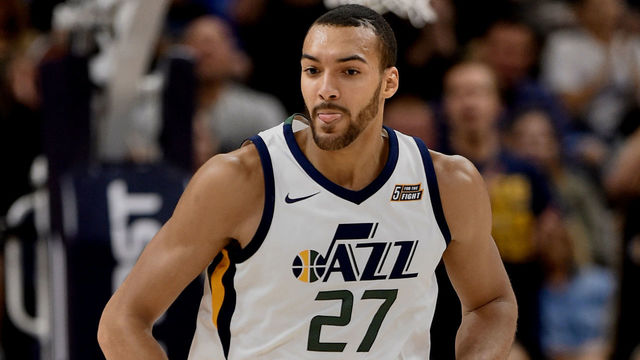 SALT LAKE CITY, UT - OCTOBER 18: Rudy Gobert #27 of the Utah Jazz runs up court during their game against the Denver Nuggets at Vivint Smart Home Arena on October 18, 2017 in Salt Lake City, Utah.