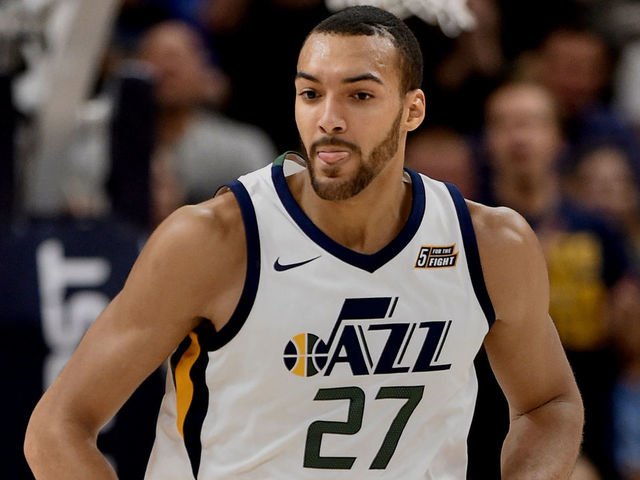 SALT LAKE CITY, UT - OCTOBER 18: Rudy Gobert #27 of the Utah Jazz runs up court during their game against the Denver Nuggets at Vivint Smart Home Arena on October 18, 2017 in Salt Lake City, Utah.