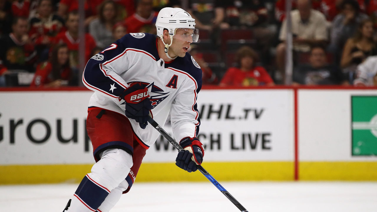 CHICAGO, IL - SEPTEMBER 23: Jack Johnson #7 of the Columbus Blue Jackets advances the puck against the Chicago Blackhawks during a preseason game at the United Center on September 23, 2017 in Chicago, Illinois. The Blue Jackets defeated the Blackhawks 3-2.