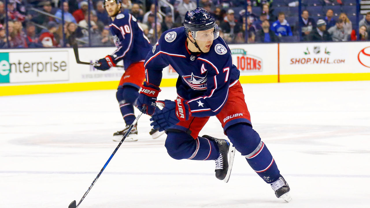 COLUMBUS, OH - DECEMBER 12: Jack Johnson #7 of the Columbus Blue Jackets skates after the puck during the game against the Edmonton Oilers on December 12, 2017 at Nationwide Arena in Columbus, Ohio. Edmonton defeated Columbus 7-2.