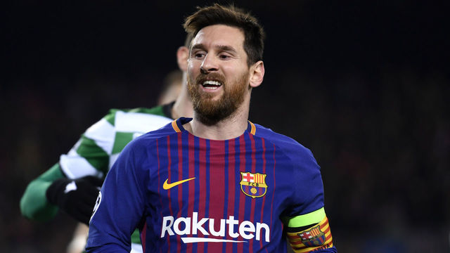 BARCELONA, SPAIN - DECEMBER 05: Lionel Messi of Barcelona looks on during the UEFA Champions League group D match between FC Barcelona and Sporting CP at Camp Nou on December 5, 2017 in Barcelona, Spain.