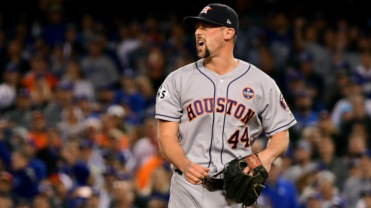 LOS ANGELES, CA - OCTOBER 31: Luke Gregerson #44 of the Houston Astros reacts during the eighth inning against the Los Angeles Dodgers in game six of the 2017 World Series at Dodger Stadium on October 31, 2017 in Los Angeles, California.