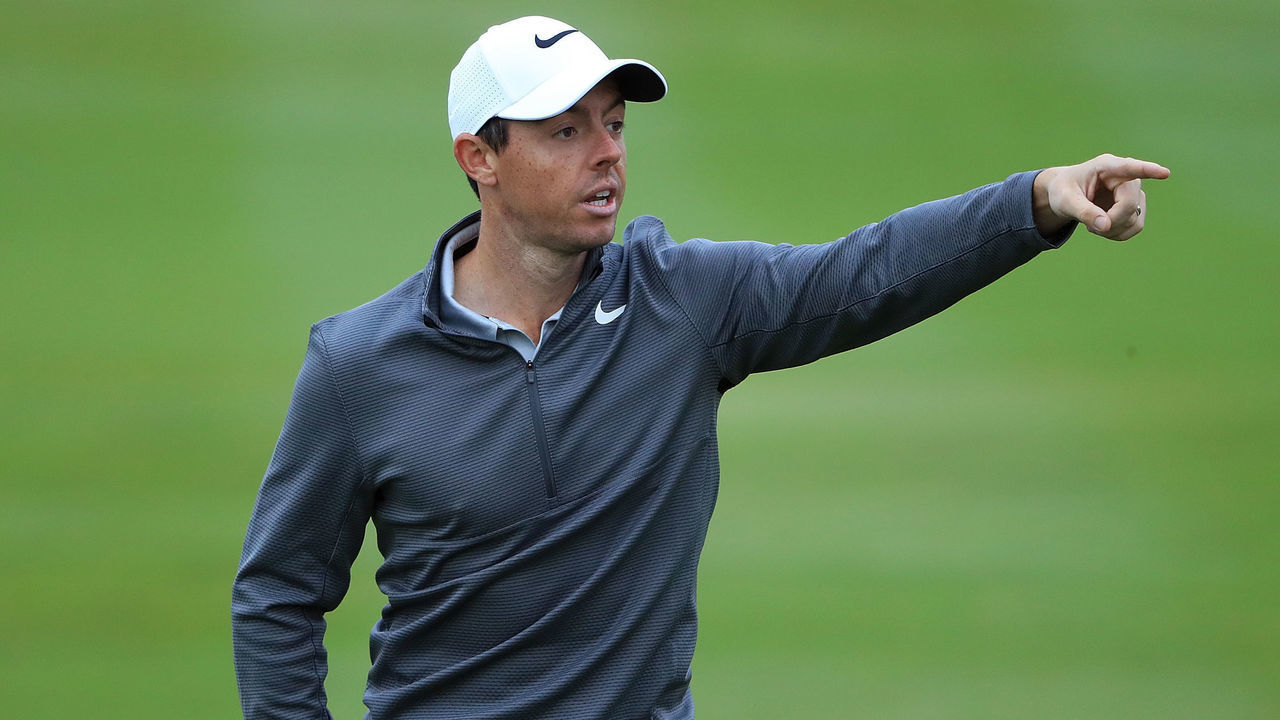 NEWCASTLE UPON TYNE, ENGLAND - SEPTEMBER 27: Rory McIlroy of Northern Ireland gestures on the 3rd hole ahead of the British Masters at Close House Golf Club on September 27, 2017 in Newcastle upon Tyne, England.