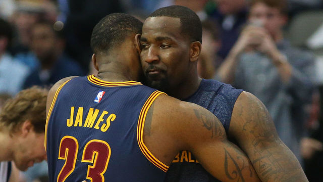 DALLAS, TX - MARCH 10: (L-R) LeBron James #23 and Kendrick Perkins #3 of the Cleveland Cavaliers hug before a game against the Dallas Mavericks at American Airlines Center on March 10, 2015 in Dallas, Texas.