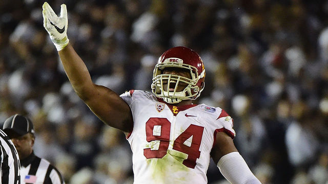 PASADENA, CA - JANUARY 02: Defensive tackle Rasheem Green #94 of the USC Trojans reacts against the Penn State Nittany Lions during the 2017 Rose Bowl Game presented by Northwestern Mutual at the Rose Bowl on January 2, 2017 in Pasadena, California.