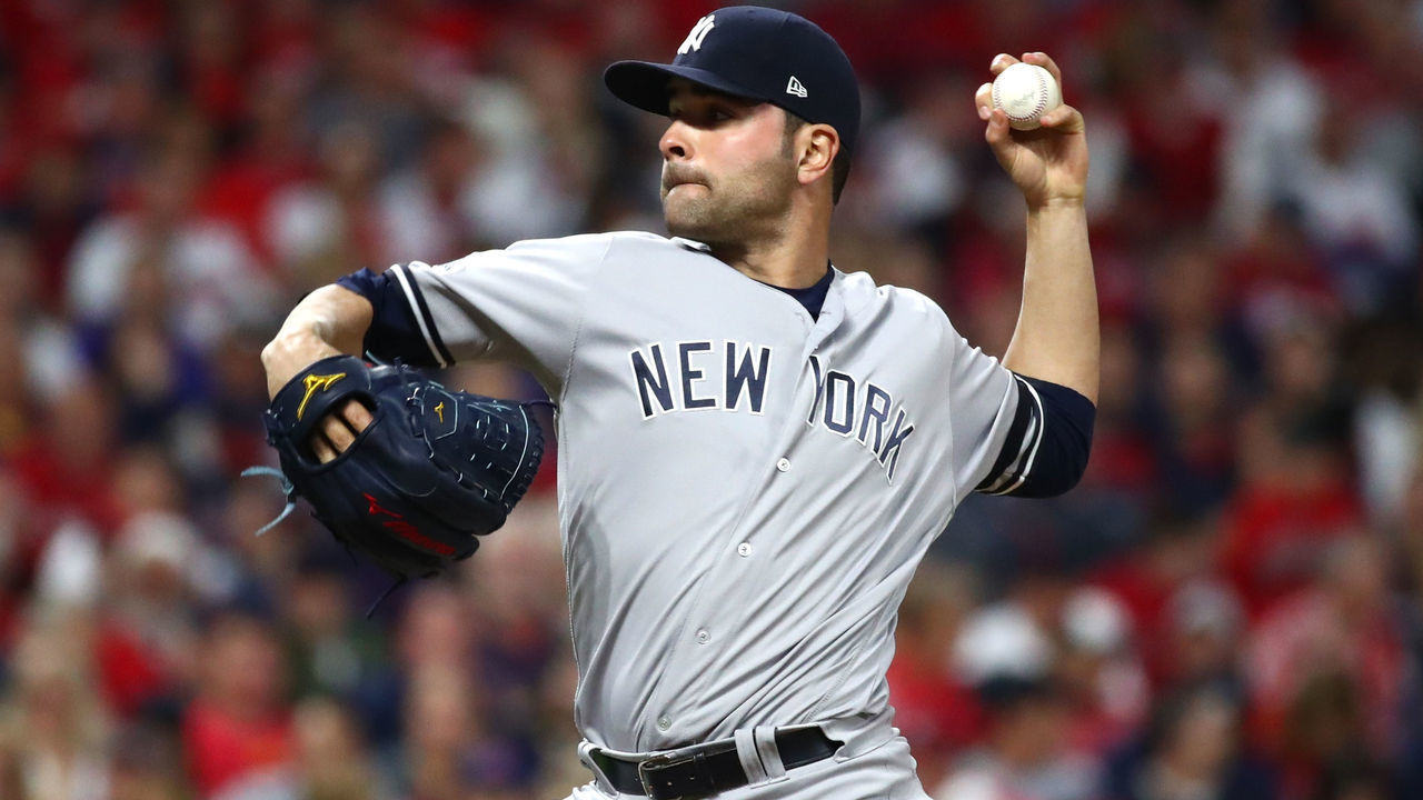 CLEVELAND, OH - OCTOBER 05: Jaime Garcia #34 of the New York Yankees delivers the pitch during the fifth inning against the Cleveland Indians during game one of the American League Division Series at Progressive Field on October 5, 2017 in Cleveland, Ohio.