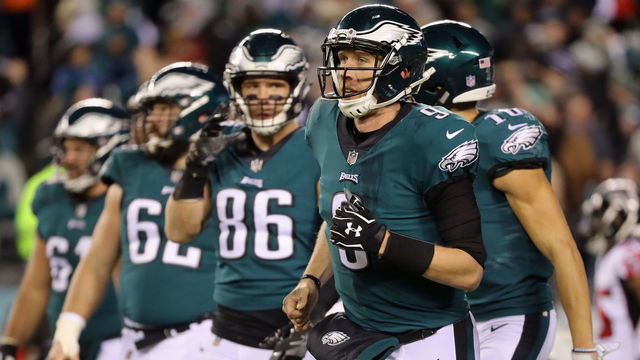 PHILADELPHIA, PA - JANUARY 13: Quarterback Nick Foles #9 of the Philadelphia Eagles reacts against the Atlanta Falcons during the first half in the NFC Divisional Playoff game at Lincoln Financial Field on January 13, 2018 in Philadelphia, Pennsylvania.