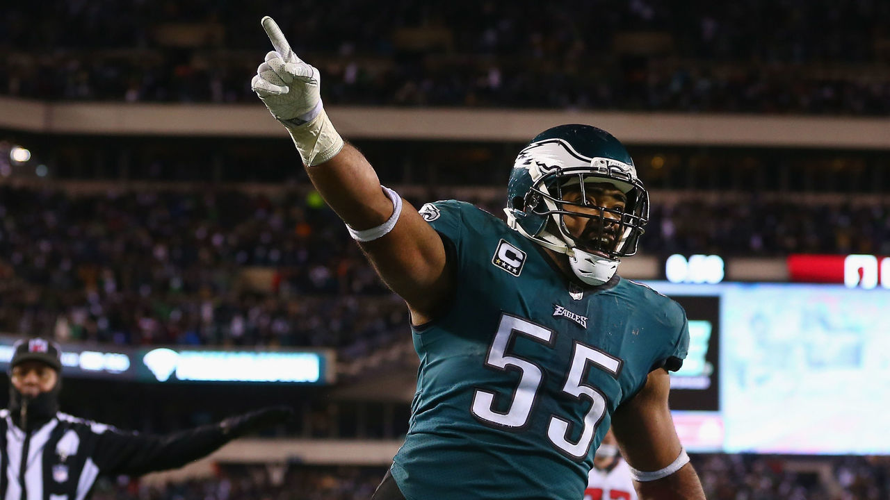 PHILADELPHIA, PA - JANUARY 13: Defensive end Brandon Graham #55 and cornerback Jalen Mills #31 of the Philadelphia Eagles celebrate against the Atlanta Falcons during the fourth quarter in the NFC Divisional Playoff game at Lincoln Financial Field on January 13, 2018 in Philadelphia, Pennsylvania. The Philadelphia Eagles won 15-10 against the Atlanta Falcons.