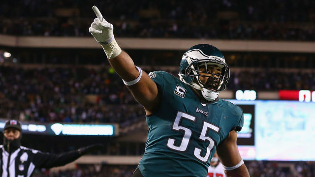 PHILADELPHIA, PA - JANUARY 13: Defensive end Brandon Graham #55 and cornerback Jalen Mills #31 of the Philadelphia Eagles celebrate against the Atlanta Falcons during the fourth quarter in the NFC Divisional Playoff game at Lincoln Financial Field on January 13, 2018 in Philadelphia, Pennsylvania. The Philadelphia Eagles won 15-10 against the Atlanta Falcons.