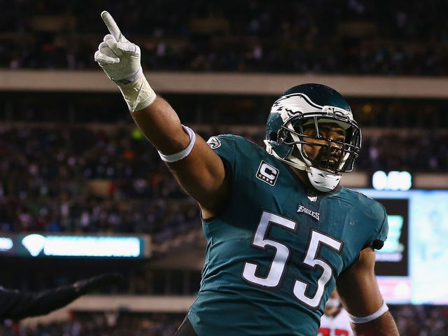 PHILADELPHIA, PA - JANUARY 13: Defensive end Brandon Graham #55 and cornerback Jalen Mills #31 of the Philadelphia Eagles celebrate against the Atlanta Falcons during the fourth quarter in the NFC Divisional Playoff game at Lincoln Financial Field on January 13, 2018 in Philadelphia, Pennsylvania. The Philadelphia Eagles won 15-10 against the Atlanta Falcons.