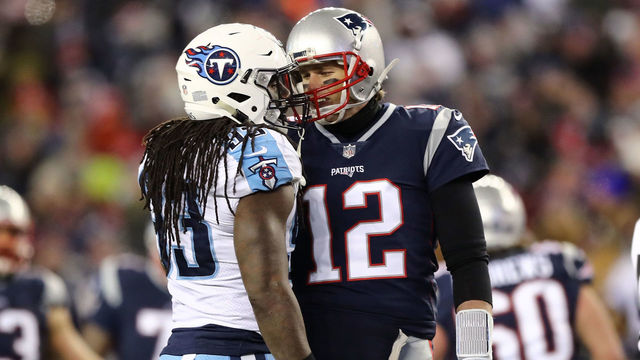 FOXBOROUGH, MA - JANUARY 13: Tom Brady #12 of the New England Patriots talks with Erik Walden #93 of the Tennessee Titans during the second quarter in the AFC Divisional Playoff game at Gillette Stadium on January 13, 2018 in Foxborough, Massachusetts.