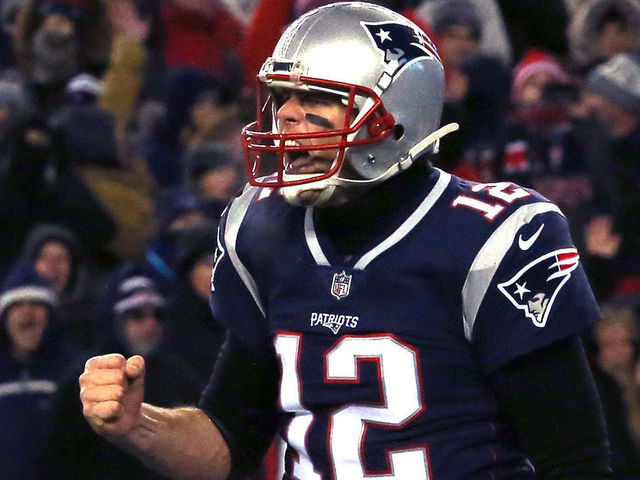 FOXBOROUGH, MA - JANUARY 13: Tom Brady #12 of the New England Patriots reacts after a touchdown in the third quarter of the AFC Divisional Playoff game against the Tennessee Titans at Gillette Stadium on January 13, 2018 in Foxborough, Massachusetts.