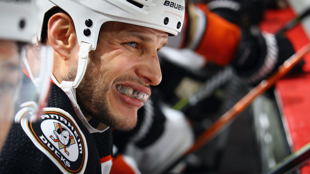NEWARK, NJ - DECEMBER 18: Kevin Bieksa #3 of the Anaheim Ducks adjusts his mouthguard during the second period against the New Jersey Devils at the Prudential Center on December 18, 2017 in Newark, New Jersey.