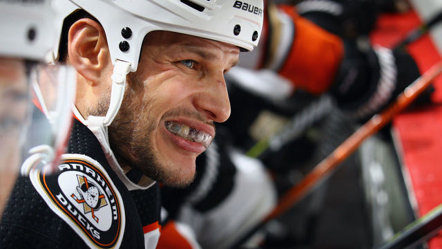 NEWARK, NJ - DECEMBER 18: Kevin Bieksa #3 of the Anaheim Ducks adjusts his mouthguard during the second period against the New Jersey Devils at the Prudential Center on December 18, 2017 in Newark, New Jersey.