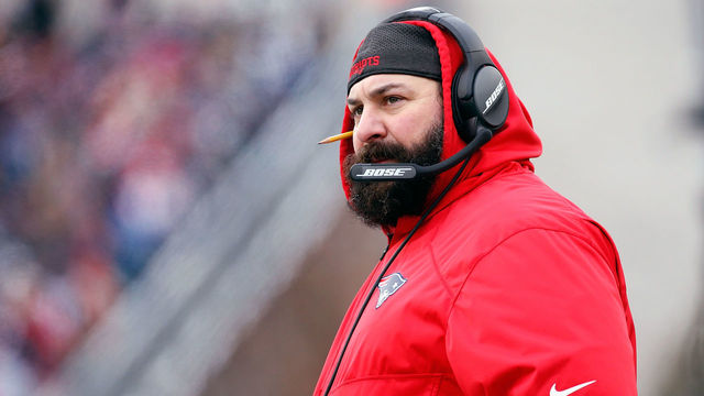 FOXBORO, MA - DECEMBER 31: New England Patriots defensive coordinator Matt Patricia looks on during the first half against the New York Jets at Gillette Stadium on December 31, 2017 in Foxboro, Massachusetts.