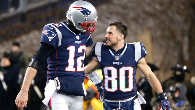 FOXBOROUGH, MA - JANUARY 13: Tom Brady #12 reacts with Danny Amendola #80 of the New England Patriots after a touchdown in the third quarter of the AFC Divisional Playoff game against the Tennessee Titans at Gillette Stadium on January 13, 2018 in Foxborough, Massachusetts.