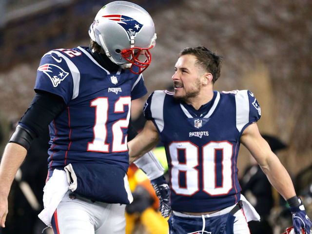 FOXBOROUGH, MA - JANUARY 13: Tom Brady #12 reacts with Danny Amendola #80 of the New England Patriots after a touchdown in the third quarter of the AFC Divisional Playoff game against the Tennessee Titans at Gillette Stadium on January 13, 2018 in Foxborough, Massachusetts.