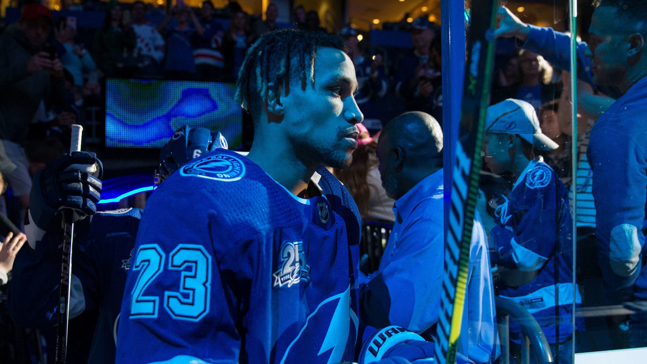 TAMPA, FL - JANUARY 9: J.T. Brown #23 of the Tampa Bay Lightning gets ready for the game against the Carolina Hurricanes at Amalie Arena on January 9, 2018 in Tampa, Florida. 'n