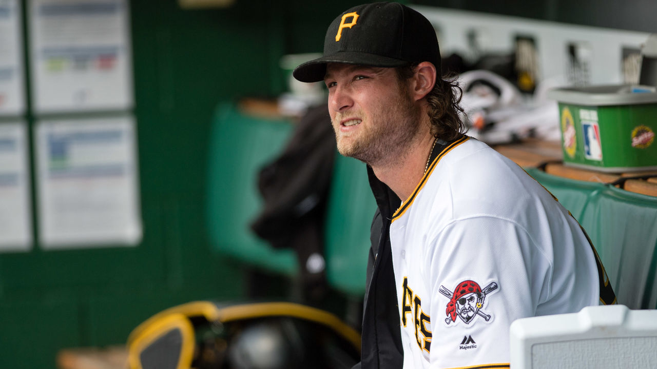 PITTSBURGH, PA - AUGUST 24: Gerrit Cole #45 of the Pittsburgh Pirates sits in the dugout in the second inning during the game against the Houston Astros at PNC Park on August 24, 2016 in Pittsburgh, Pennsylvania.