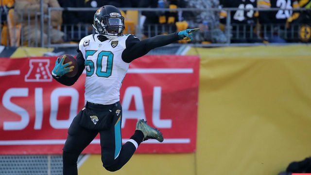 PITTSBURGH, PA - JANUARY 14: Telvin Smith #50 of the Jacksonville Jaguars reacts after recovering a fumble and returning it for a 50 yard touchdown in the second quarter during the AFC Divisional Playoff game against the Pittsburgh Steelers at Heinz Field on January 14, 2018 in Pittsburgh, Pennsylvania.