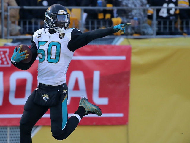 PITTSBURGH, PA - JANUARY 14: Telvin Smith #50 of the Jacksonville Jaguars reacts after recovering a fumble and returning it for a 50 yard touchdown in the second quarter during the AFC Divisional Playoff game against the Pittsburgh Steelers at Heinz Field on January 14, 2018 in Pittsburgh, Pennsylvania.