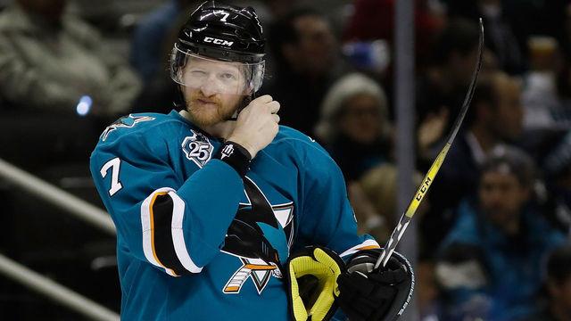 SAN JOSE, CA - MAY 21: Paul Martin #7 of the San Jose Sharks in game four of the Western Conference Finals against the St. Louis Blues during the 2016 NHL Stanley Cup Playoffs at HP Pavilion on May 21, 2016 in San Jose, California.