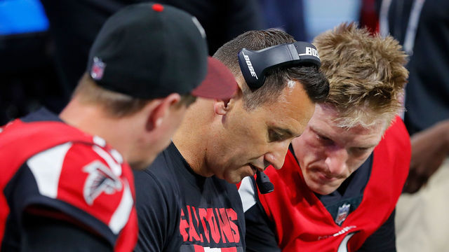 ATLANTA, GA - AUGUST 31: Offensive coordinator Steve Sarkisian converses with Matt Simms #4 and Matt Ryan #2 against the Jacksonville Jaguars at Mercedes-Benz Stadium on August 31, 2017 in Atlanta, Georgia.
