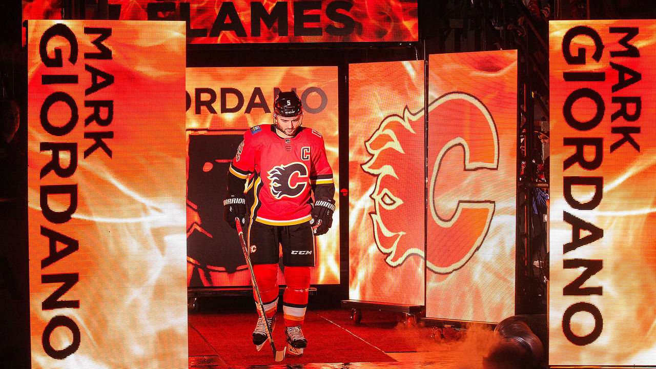 CALGARY, AB - OCTOBER 7: Mark Giordano #5 of the Calgary Flames in action against the Winnipeg Jets during an NHL game at Scotiabank Saddledome on October 7, 2017 in Calgary, Alberta, Canada.