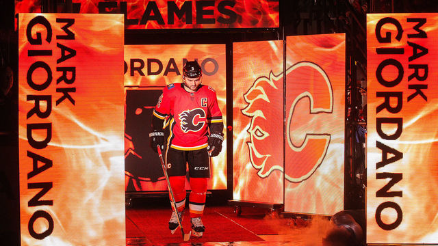 CALGARY, AB - OCTOBER 7: Mark Giordano #5 of the Calgary Flames in action against the Winnipeg Jets during an NHL game at Scotiabank Saddledome on October 7, 2017 in Calgary, Alberta, Canada.