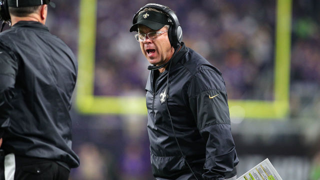 MINNEAPOLIS, MN - JANUARY 14: Head coach Sean Payton of the New Orleans Saints speaks with an official on the sidelines in the third quarter of the NFC Divisional Playoff game against the Minnesota Vikings on January 14, 2018 at U.S. Bank Stadium in Minneapolis, Minnesota.