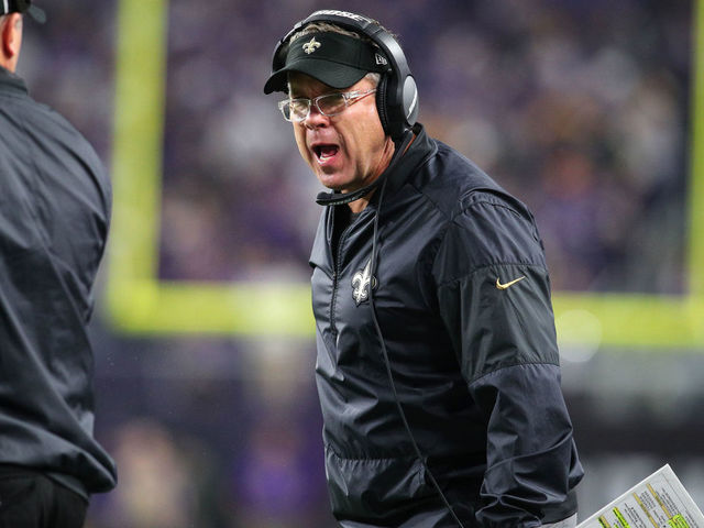 MINNEAPOLIS, MN - JANUARY 14: Head coach Sean Payton of the New Orleans Saints speaks with an official on the sidelines in the third quarter of the NFC Divisional Playoff game against the Minnesota Vikings on January 14, 2018 at U.S. Bank Stadium in Minneapolis, Minnesota.