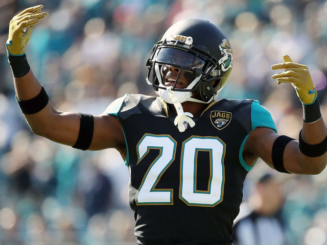 JACKSONVILLE, FL - DECEMBER 17: Jalen Ramsey #20 of the Jacksonville Jaguars celebrates a play during the second half of their game against the Houston Texans at EverBank Field on December 17, 2017 in Jacksonville, Florida.