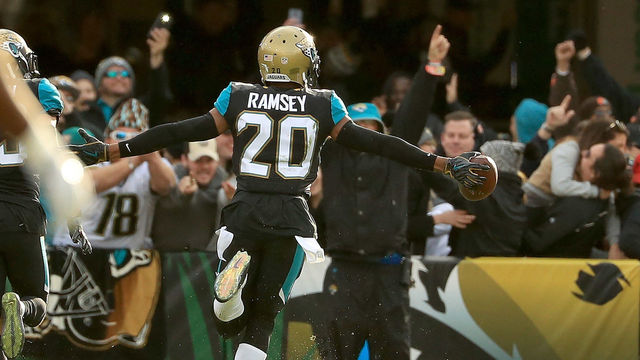 JACKSONVILLE, FL - JANUARY 07: Jalen Ramsey #20 of the Jacksonville Jaguars reacts to an interception during AFC Wild Card playoff game against the Buffalo Bills at EverBank Field on January 7, 2018 in Jacksonville, Florida.