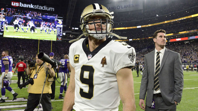 MINNEAPOLIS, MN - JANUARY 14: Drew Brees #9 of the New Orleans Saints on the field after the NFC Divisional Playoff game against the Minnesota Vikings on January 14, 2018 at U.S. Bank Stadium in Minneapolis, Minnesota. The Vikings defeated the Saints 24-29.