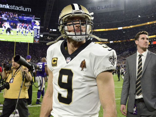 MINNEAPOLIS, MN - JANUARY 14: Drew Brees #9 of the New Orleans Saints on the field after the NFC Divisional Playoff game against the Minnesota Vikings on January 14, 2018 at U.S. Bank Stadium in Minneapolis, Minnesota. The Vikings defeated the Saints 24-29.