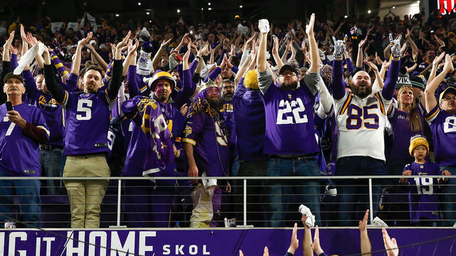 MINNEAPOLIS, MN - JANUARY 14: Minnesota Vikings fans cheer after a touchdown against the New Orleans Saints in the NFC Divisional Playoff game at U.S. Bank Stadium on January 14, 2018 in Minneapolis, Minnesota.