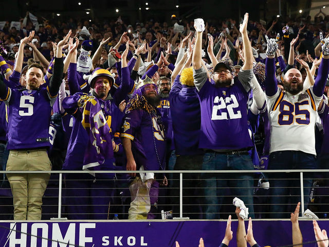 MINNEAPOLIS, MN - JANUARY 14: Minnesota Vikings fans cheer after a touchdown against the New Orleans Saints in the NFC Divisional Playoff game at U.S. Bank Stadium on January 14, 2018 in Minneapolis, Minnesota.
