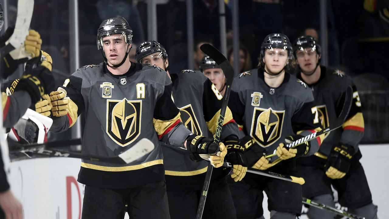 LAS VEGAS, NV - JANUARY 13: The Vegas Golden Knights celebrate after scoring a goal against the Edmonton Oilers during the game at T-Mobile Arena on January 13, 2018 in Las Vegas, Nevada. *** Local Caption ***