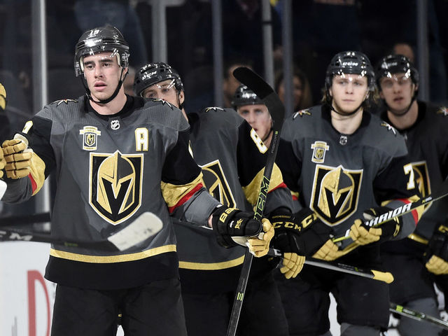 LAS VEGAS, NV - JANUARY 13: The Vegas Golden Knights celebrate after scoring a goal against the Edmonton Oilers during the game at T-Mobile Arena on January 13, 2018 in Las Vegas, Nevada. *** Local Caption ***