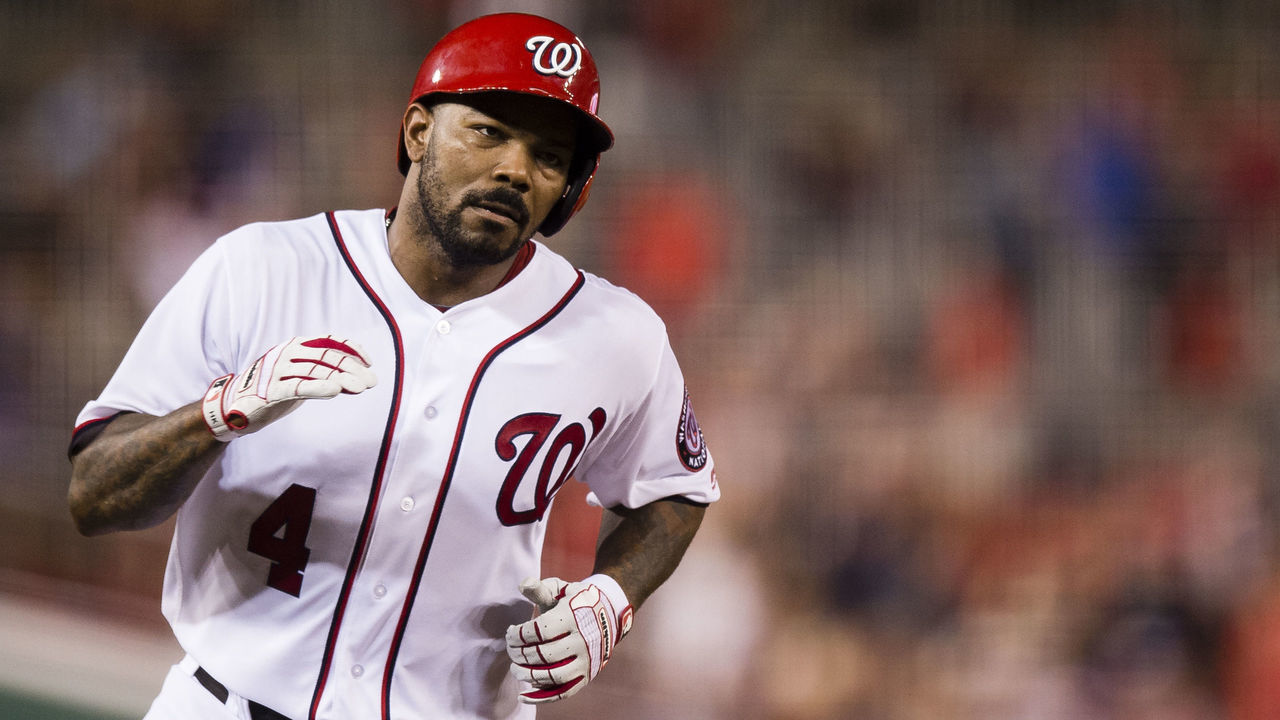 WASHINGTON, DC - AUGUST 15: Howie Kendrick #4 of the Washington Nationals runs the bases after hitting a solo home run in the fifth inning during a game against the Los Angeles Angels of Anaheim at Nationals Park on August 15, 2017 in Washington, DC.