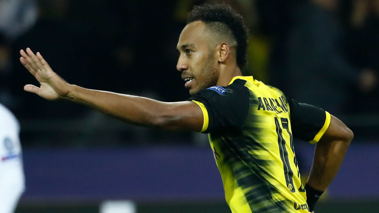 Dortmund's Gabonese forward Pierre-Emerick Aubameyang celebrates scoring during the UEFA Champions League Group H football match BVB Borussia Dortmund v Real Madrid in Dortmund, western Germany on September 26, 2017. / AFP PHOTO / Odd ANDERSEN