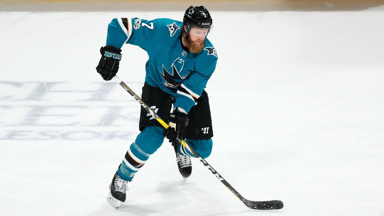 SAN JOSE, CA - OCTOBER 4: Paul Martin #7 of the San Jose Sharks moves the puck during a NHL game against the Philadelphia Flyers at SAP Center at San Jose on October 4, 2017 in San Jose, California.