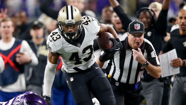 MINNEAPOLIS, MN - JANUARY 14: Marcus Williams #43 of the New Orleans Saints runs with the ball after a interception against the Minnesota Vikings during the second half of the NFC Divisional Playoff game at U.S. Bank Stadium on January 14, 2018 in Minneapolis, Minnesota.