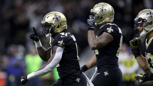 NEW ORLEANS, LA - JANUARY 07: Alvin Kamara #41 of the New Orleans Saints reacts after scoring a touchdown against the Carolina Panthers at the Mercedes-Benz Superdome on January 7, 2018 in New Orleans, Louisiana.