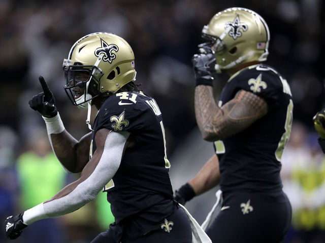 NEW ORLEANS, LA - JANUARY 07: Alvin Kamara #41 of the New Orleans Saints reacts after scoring a touchdown against the Carolina Panthers at the Mercedes-Benz Superdome on January 7, 2018 in New Orleans, Louisiana.